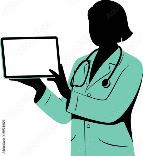 A silhouetted doctor in a teal coat with a stethoscope displaying a blank tablet screen vector design