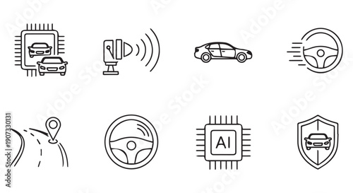 Set of modern automotive technology icons including autonomous driving, AI, navigation, and safety features.