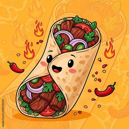 Spicy Cartoon Burrito Character Illustration with Flames and Chili Peppers