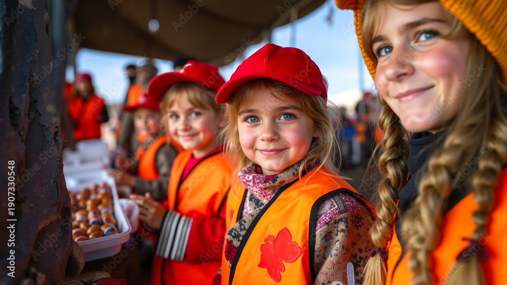 Fototapeta premium A group of young girls in orange vests and hats standing next to each other