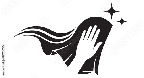 Black and white illustration of a hand waving goodbye with sparkles