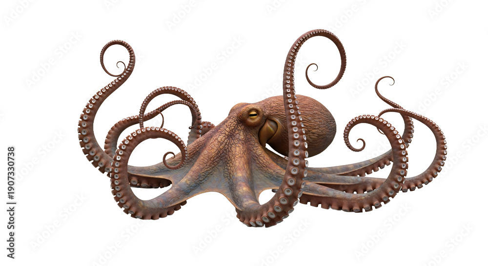 Φωτογραφία Eight-legged octopus with curled tentacles, realistic texture, isolated on trans