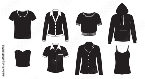 Collection of various black clothing items on Transparent Background, including t shirts, shirts, jacket, hoodie, and tank tops.