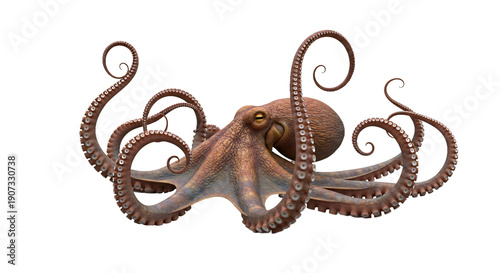 Photos Eight-legged octopus with curled tentacles, realistic texture, isolated on trans