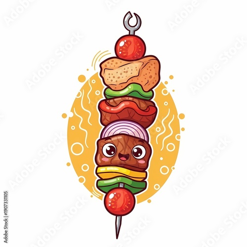 Cute Cartoon Shish Kebab Skewer Illustration with Smiling Meat and Vegetables