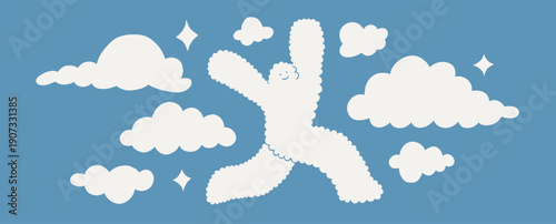 Illustration of white clouds on light blue background. Human or yeti bigfoot dancing character, cloud shape mascot. Cloud dancer and blue colors.  Print for kids, banner design. Cloud template, fluffy