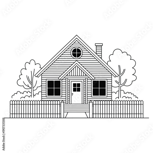 A charming house with a picket fence and trees in a suburban setting