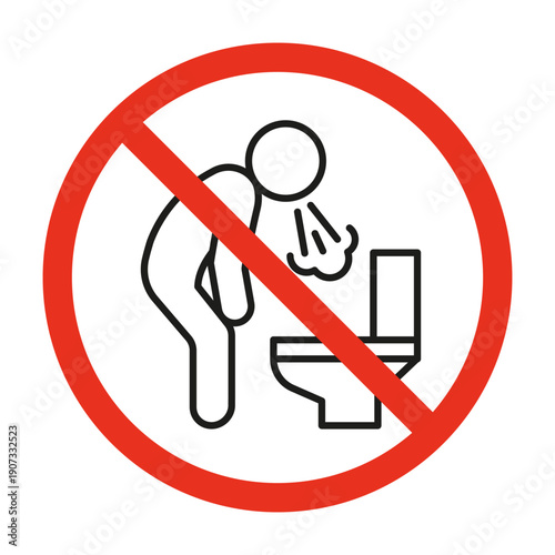 Prohibited act of person throwing up in the toilet sign in red circle. No vomiting rule icon. Concept of illness, unsanitary behavior. Vector illustration