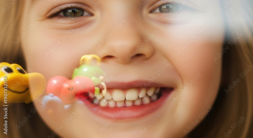 Fototapeta premium Joyful child smiling face pressed against clear glass surface with colorful toys. Expressive child smiling face displays playful happiness, showcasing small yellow car, green and red heart toys.