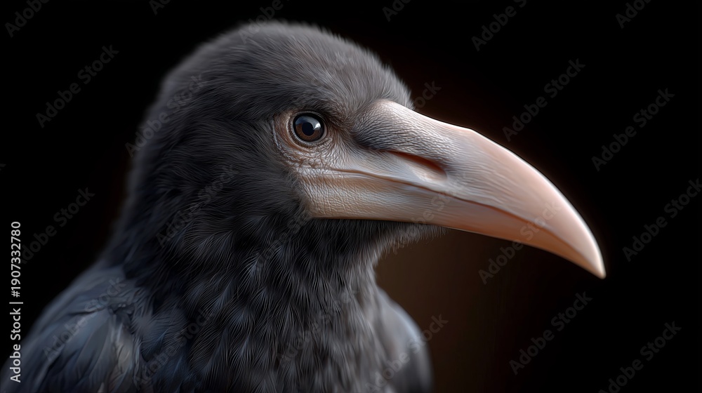 Fototapeta premium Elegant raven portrait. Dark background raven closeup. Detailed profile shot of raven