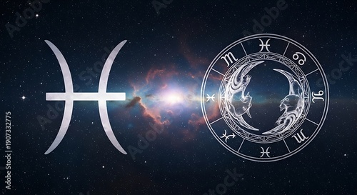 Astrological symbol and detailed zodiac wheel design for the water sign Pisces set against a vibrant nebula background