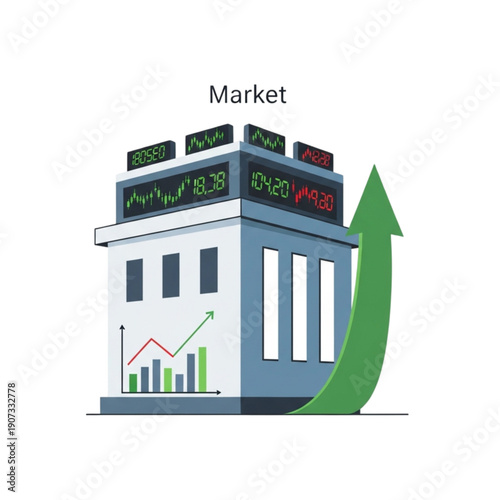 Stock Market Building with Growing Graph isolated on transparent background.
