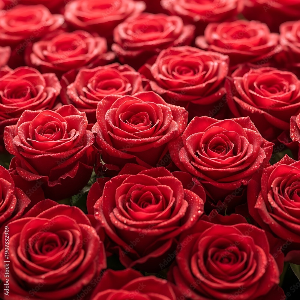 Obraz premium Numerous deep red roses densely packed together show glistening moisture droplets