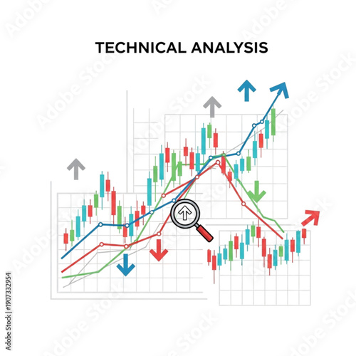 Stock market graph with magnifying glass isolated on transparent background.