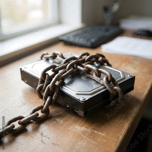 Ransomware Concept with Chained Hard Drive on Desk