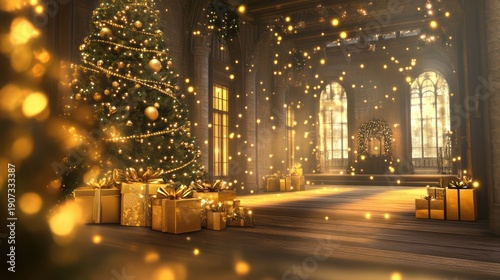 Majestic Christmas interior with tree, gifts, and warm lighting.