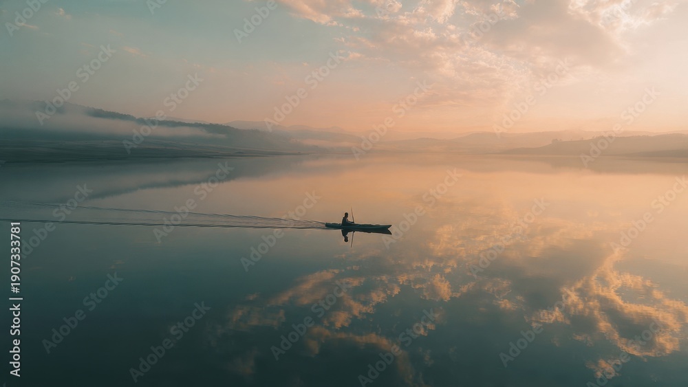 Fototapeta premium Kayaker on tranquil lake at sunrise