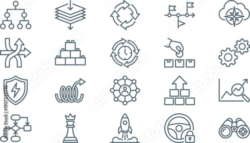 Comprehensive vector line icon set for abstract business, technology, data management, and process optimization concepts