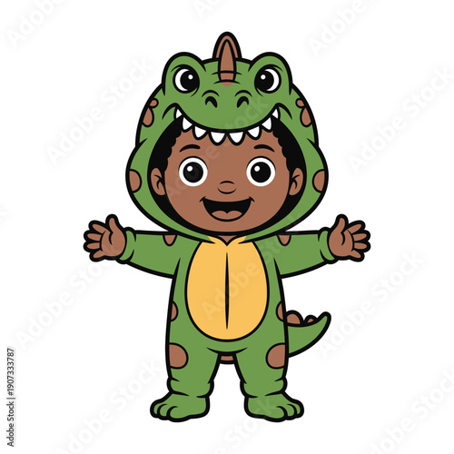 A happy little boy wearing a green dinosaur costume with a big smile on his face