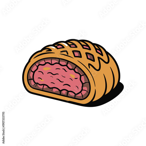 A cartoon illustration of a delicious meat pie with a golden brown crust