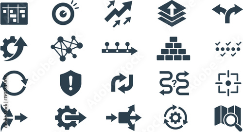 Dynamic Vector Icon Set for Business Strategy, Process Management, Growth, and Innovative Development Workflows