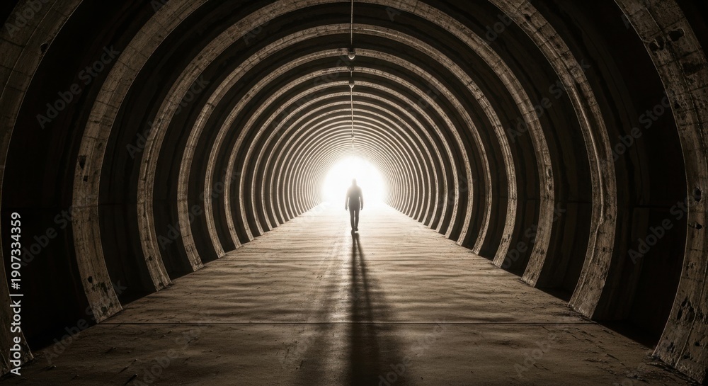 Fototapeta premium Lone figure walking towards bright light at end of light tunnel, symbolizing hope and journey. Long dark concrete light tunnel structure with person silhouetted, facing future.