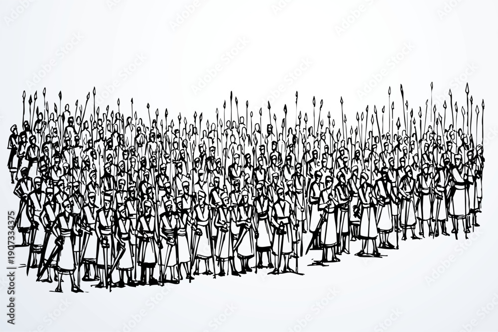 Naklejka premium Vector drawing. Troops on the battlefield