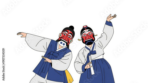 Two korean opera performers wearing red masks dance dramatically