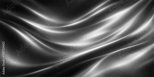 Smooth black satin and silk fabric background featuring flowing waves of luxury material with a shiny blue and purple light texture for a soft textile backdrop design