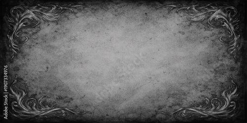 Abstract dark gray grunge concrete wall background with a vintage stone texture and an aged black paper frame for blank design space