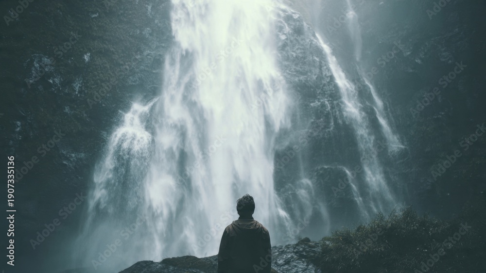 Fototapeta premium Person Admiring Waterfall in Nature