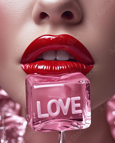 Close-up of woman's lips with red lipstick holding pink ice cube with love