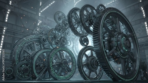 Industrial machinery gears and cogs in factory.
