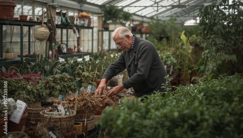 Gardener Works Among Plants in Greenhouse During the Afternoon
