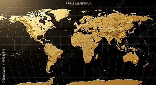 Three dimensional raised relief world map displays continents in shining gold against a dark background