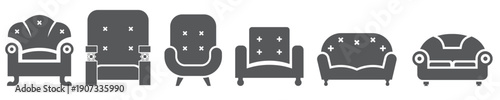 Two-seater sofa icon set in glyph, outline, and doodle styles, representing comfort and living room furniture.