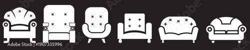 Two-seater sofa icon set in glyph, outline, and doodle styles, representing comfort and living room furniture.