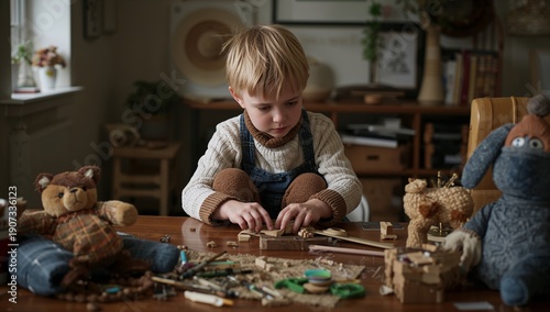 Child Sits at Table Playing With Small Wooden Toys and Crafts in Cozy Indoor ...