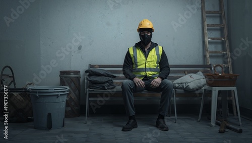 Worker Sits on Bench in Construction Site With Safety Gear During Early Hours