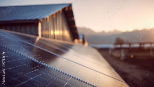 Solar Panels on Farm Building at Sunset