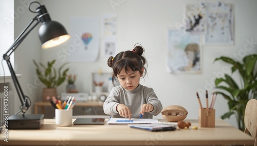 Child Works on a Craft Project at a Desk in a Home Office During the Day