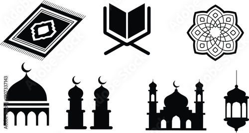 Islamic Mosque Silhouettes with Crescent Moon and Quran