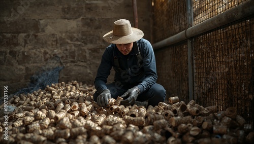 Worker Sorts and Handles Wooden Items in a Warehouse During the Day