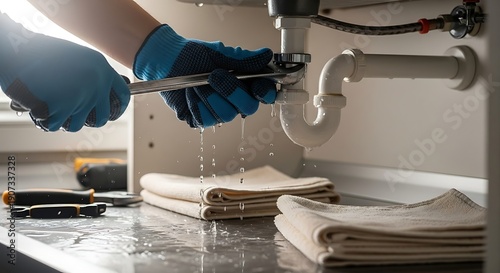 A plumber wearing blue protective gloves is tightening a leaking pipe under a sink with an adjustable wrench, with water dripping.