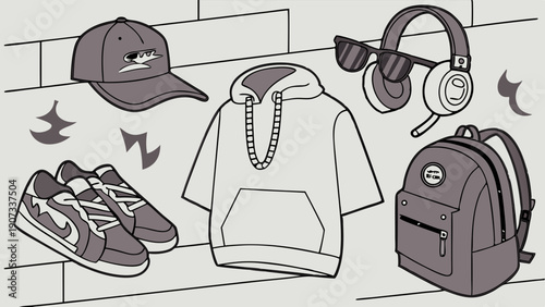 Urban Streetwear Flat Lay for Youth Fashion E-commerce Website Design and Casual Lifestyle Blog Graphics