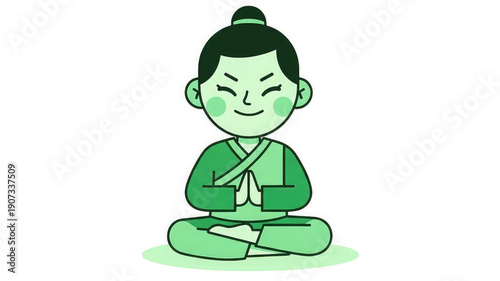 Cartoon kid meditates in green outfit with hands together