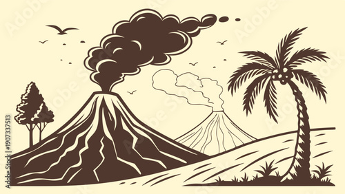 Active Volcano Eruption with Smoke and Palm Trees Tropical Landscape for Disaster Geology or Travel Blog Design
