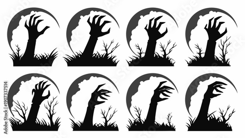 Zombie Hands Rising from Graveyard Silhouette Set Spooky Halloween Horror Backgrounds for Party Invitations and Web Design