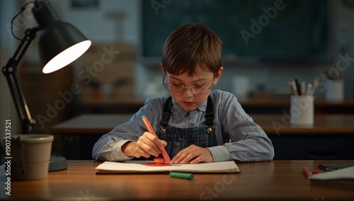 Child Draws on Paper With Colored Pencil at Desk in Classroom During Evening ...