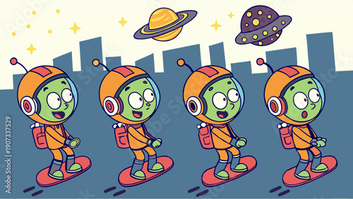 Four Happy Green Aliens Hoverboarding Through Cityscape with Space UFOs for Kids Fun Education